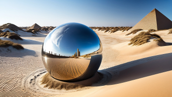 Reflective Sphere in Desert Landscape: A Surreal Fusion of Ancient and Modern Elements