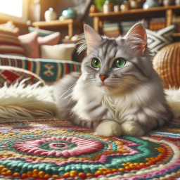 Curious Long-Haired Cat Relaxing on a Vibrant Rug in a Cozy Home Setting