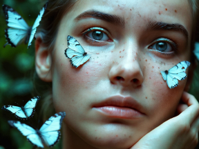 Serene Beauty: A Close-Up Portrait with Butterflies in a Natural Setting