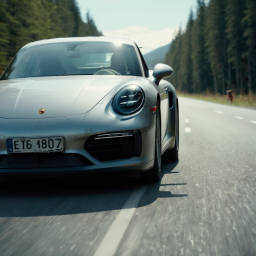 Silver Porsche Sports Car Cruising Through Scenic Forest Road