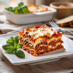 Delicious Homemade Lasagna Garnished with Fresh Basil on Rustic Wooden Table