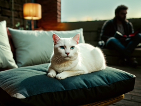 Striking Blue-Eyed White Cat Sitting Attentively Indoors