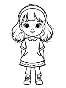Charming Cartoon Portrait of a Smiling Young Girl with Pigtails and Red Bows
