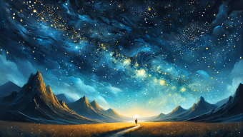 Solitary Wanderer Beneath the Cosmic Horizon: A Surreal Nightscape of Wonder and Mystery