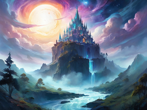 Enchanted Cliffside Castle Overlooking a Mystical Waterfall Under a Radiant Celestial Sky