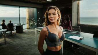 Confident Woman Poses in Coastal Office with Ocean View