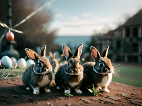 Three Adorable Rabbits with Easter Eggs on a Sunny Outdoor Wooden Deck