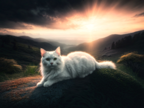 Serene Sunrise: A Fluffy Cat Gazes Over Rolling Hills