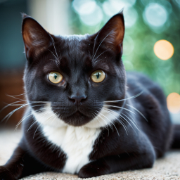 Alert Black Cat with Striking Green Eyes in a Cozy Evening Setting