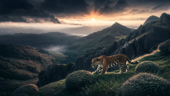 Majestic Mountain Landscape at Sunrise with Leopards in the Wild