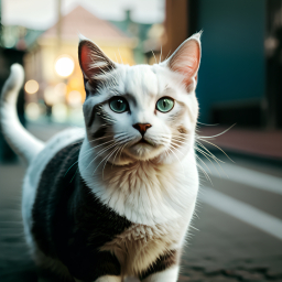 Curious Green-Eyed Cat with Distinctive M Marking in Urban Evening Setting