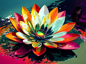 Vibrant Lotus Blossom Amidst Abstract Waters with Reflective Human Silhouette