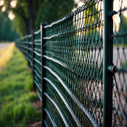 Well-Maintained Chain Link Fence Adjacent to Tree-Lined Pathway at Sunrise or Sunset