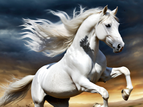 Majestic White Horse Galloping Against a Stormy Sky