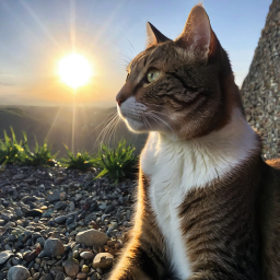 Serene Sunset: A Tabby Cat Gazes Over Rocky Terrain and Tranquil Waters