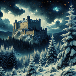 Moonlit Winter Night: A Majestic Castle Amidst Snow-Covered Pines