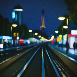Nighttime Train Station Near the Illuminated Eiffel Tower