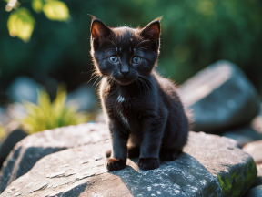 Curious Black Kitten with Blue Eyes Perched on Natural Stone by the Water