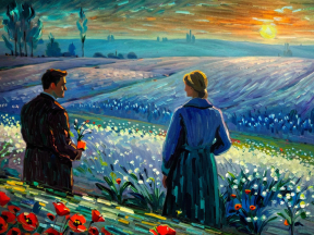 Sunset Reverie: A Timeless Stroll Through Blossoming Fields