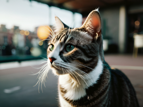 Majestic Tabby Cat with Striking Green Eyes Poses Outdoors in Daylight