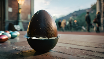 Intricately Designed Glossy Chocolate Egg with Artistic Broken Interior in Outdoor Setting