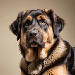 Close-Up Portrait of a Calm, Attentive Large-Breed Dog with Distinctive Fur Markings