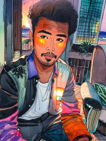 Portrait of a Relaxed Individual with Drum in a Warm Outdoor Setting