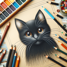 Striking Black Cat Pencil Drawing Surrounded by Colored Pencils on Wooden Palette