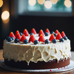 Elegant Layered Cake Decorated with Fresh Strawberries and Blueberries on White Plate
