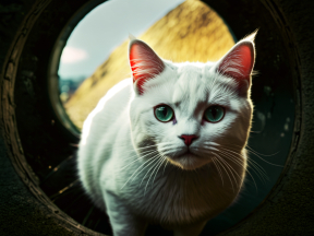 Striking Green-Eyed Cat Poses Dramatically Amidst Outdoor Reeds and Rustic Pipe
