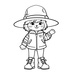 Friendly Catgirl Witch Character Illustration: Monochrome Fantasy Design for Coloring or Animation