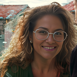 Smiling Woman with Glasses Outdoors Near Tiled Roof Building