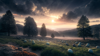 Golden Dawn Over Rolling Hills: A Tranquil Landscape of Water and Scattered Spheres