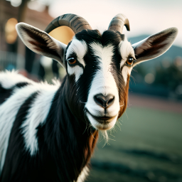Curious Goat with Majestic Horns Bathed in Warm Sunrise Glow
