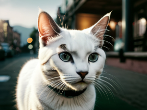 Serious Green-Eyed Cat with Collar in Urban Daylight Setting