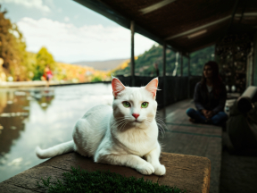 Serene Moments: White Cat with Heterochromia Overlooking a Tranquil Lakeside Cafe