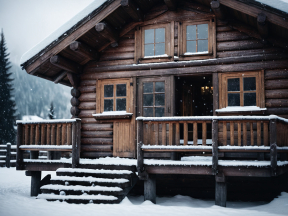 Cozy Snow-Covered Log Cabin Nestled in a Serene Mountain Winter Landscape