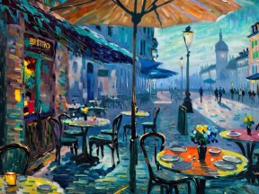 Rain-Kissed European Street Café: A Vibrant Outdoor Scene