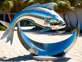 Dynamic Metal Fish Sculpture Leaping Amid Tropical Beach Setting