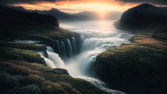 Majestic Sunlit Waterfall Cascading Down a Mountain: A Vibrant Artistic Landscape