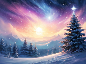 Tranquil Winter Dawn: Snow-Covered Pines Beneath a Golden Horizon