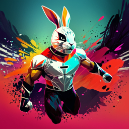 Dynamic Comic-Style Muscular Rabbit with Robotic Elements in Vibrant Action Scene