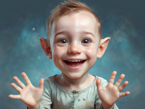 Joyful Blonde Child with Blue Eyes Smiling and Raising Arms