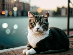 Calm Calico Cat Perched on Rooftop Overlooking Urban Dusk Skyline