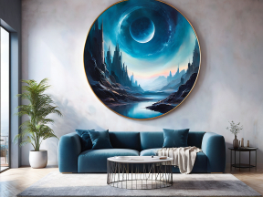 Modern Living Room with Abstract Floating Islands Artwork and Contemporary Blue Upholstery