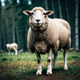 Curious Sheep Standing in a Lush Meadow with Trees in the Background