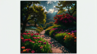 A Serene Garden Path Bathed in Warm Sunlight with Blooming Roses and Pansies