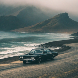 Classic Pontiac GTO Muscle Car Cruising Along a Stormy Coastal Road with Dramatic Waves and Misty Mountains