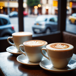 Three Lattes with Artful Designs Against a Bustling Urban Backdrop