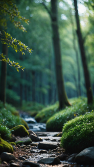 Serene Forest Stream at Dawn: A Tranquil Springtime Scene